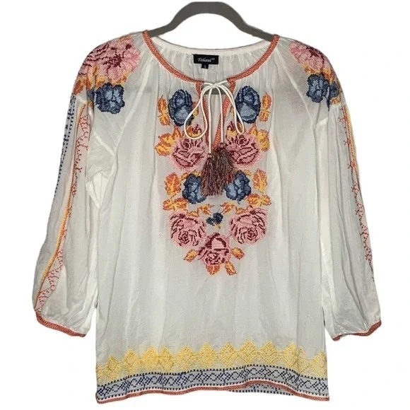 Tolani Floral Embroidered Tassel Tie Peasant Top - Picture 3 of 11